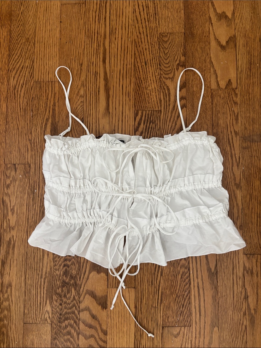 Zara White Smocked Tie-Front Spaghetti Strap Crop Top